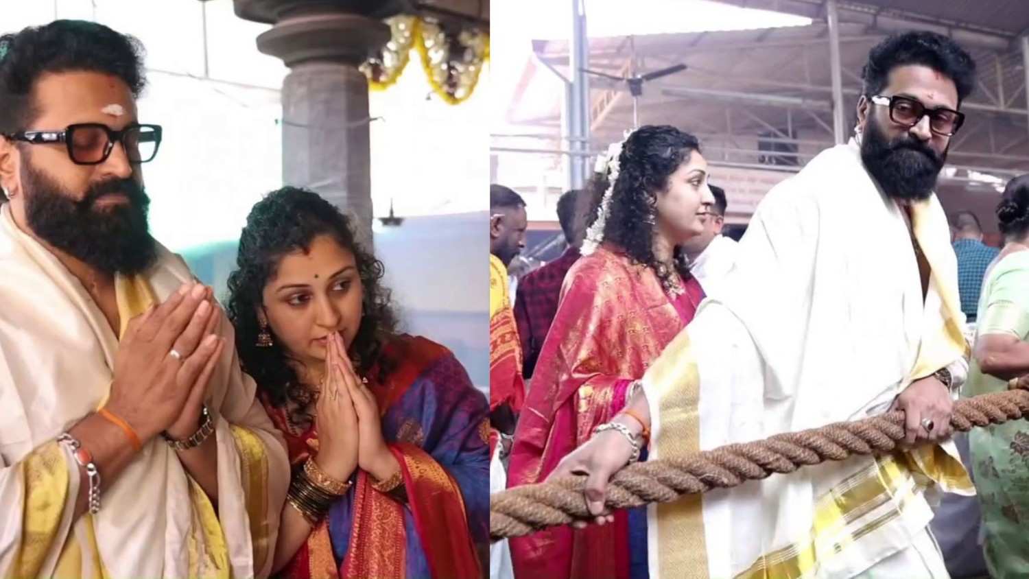 Rishab Shetty and Pragathi Shetty visit Kollur Mookambika temple Divine Star pulls the Goddess chariot